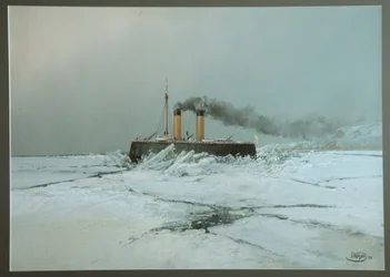 ロシアの砕氷船イエルマク (砕氷船イェルマク) - ニコライ・ニコラエヴィッチ・カラシン (1842-1908) 作、紙に水彩、白 (45.4x76 cm)
