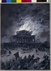 1853 年 3 月 11 日、モスクワ (ロシア) のボリショイ劇場の火事 (建物の前の群衆の動きと消防士の到着) - ニコライ・ニコラエヴィッチ・カラシン (1842-1908) の作品、紙にグワッシュ - ロシアの芸術、2 番目19世紀の半分 - セント