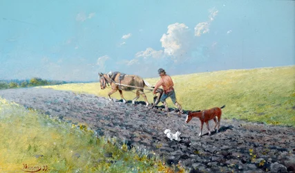 「耕作」 畑を耕す農民、ロシア ニコライ・ニコラエヴィチ・カラシン作（1842-1908） 1899年 淡色 16.5x27.5 cm 個人蔵