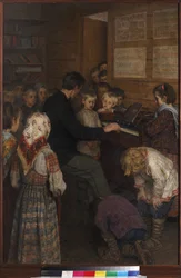 村の学校での歌の授業 by Bogdanov-Belsky, Nikolai Petrovich (1868-1945).油彩・キャンバス