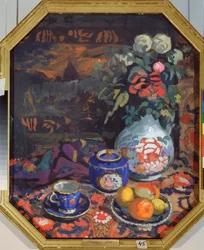 Nature morte (Still Life) - Nikolai Semyonovich Zaytsev (1885-1938) の作品、段ボールにテンペラ