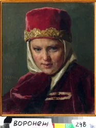 ボヤールの女 (boiard, boiar) (ボヤールの妻)。 モスクワ大公国で、古いロシアの伝統的な服を着ています。 Nikolai Vasilyevich Nevrev (1830-1904) の絵画、キャンバスに油彩