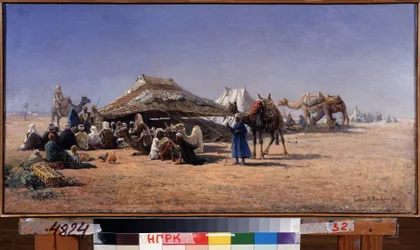 カイロ (エジプト) (カイロ). 砂漠のキャラバンのキャンプシーン、背景の街。 Nikolai Yegorovich Makovsky (1842-1886) の絵画、キャンバスに油彩