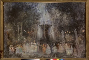 仮面舞踏会。 Nikolai Nikolayevich Sapunov (Sapunov) (1880-1912) の作品、ダンボールにテンペラ、銀、青銅