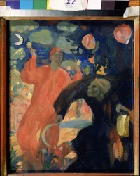 Nikolai Sapunov (Sapunov) (1880-1912) を偲んで (N. Sapunov を偲んで)。 マラカスを振って微笑む生命体の前で、死はお辞儀をして逃げる。 Nicolas (Nikolai) Dimitrievich Millioti (1874-1962) の作品、カードに油彩