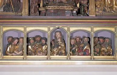 キリストと十二使徒の木製彫刻、アイゼンハイムの祭壇画の納置台のプレデラから、1490年頃（塗られた木）