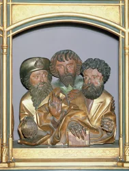 聖ジェームズ大、聖シモン、聖タデウスの木造彫刻、アイゼンハイム祭壇画のプレデラ、c.1490（塗られた木）