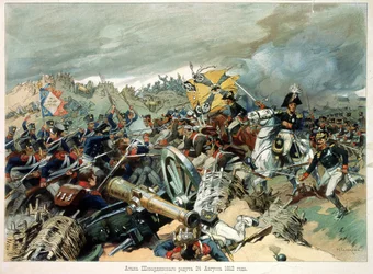 ボロジノの戦い、1812 年 9 月 7 日 (1812 年 8 月 26 日)、フランスの 3 回目の攻勢 (ロシア戦役中のナポレオン大軍とロシア軍の間のモスクワの戦い) - Nikolai Semyonovich Samokish (1860-194) の作品