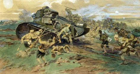 クリミアでの戦車の捕獲。 ロシア内戦 (1917-1923) 中の白軍と赤衛軍の戦闘シーン。 Nikolai Semyonovich Samokish (1860-1944) の作品、紙に水彩