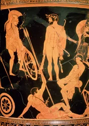 ヘラクレスとギリシャの英雄、アッティカ赤像式聖杯形クラテルの詳細、紀元前490年頃（陶器）（92577と19106も参照）