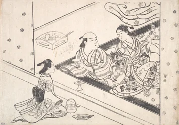 三味線を奏でる淑女と恋人と従者がそばにいる。