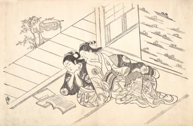部屋の床に寄りかかって本を読む 2 人の女性。 1730年頃。 1730年。