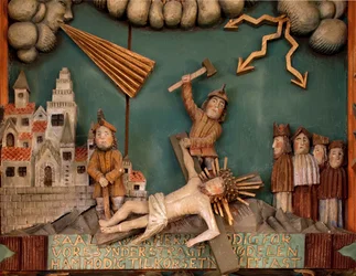 イエスが十字架に釘付けにされている、祭壇画の詳細