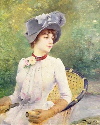 灰色のフェルト帽の女性