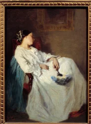 座る女の眠り オクターヴ・タサール（1800-1874）の絵画 19世紀 日0.32 x 0.24 m