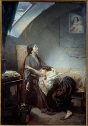 不幸な家族。オクターヴ・タッサール（1800-1874）による絵画、1849年。太陽。1.15 x 0.76 m。パリ、オルセー美術館