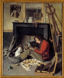 工房内部 暖炉のそばにいる画家。オクターブ・タサール（1800-1874）による絵画 1845年 日0,46x0,38 m