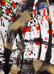 Zen Sun Fire Ink Abstraction 2, 2020 (宣紙にインクと色)