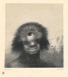 Le polype difforme flottait sur les rivages, sorte de cyclope souriant et hideux - 不格好なポリプは海岸に浮かび、微笑みと隠れたサイクロプスの一種である。シリーズ「起源」より、ルドン、オディロン（1840-1916）。リトグラフ、サイズ：21,4x19,9