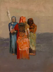 Les Moires (The Three Fates) (古代神話に登場する運命の 3 つの神々、またはローマ人の運命) - Odilon Redon 作 (1840-1916)、キャンバスに油彩 (32.4 x 23.8 cm)