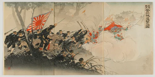 明治時代の錦州での戦い、1894年（色木版画）