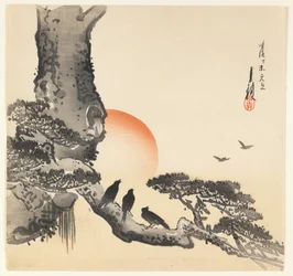 明治時代の木の幹のカラス、1890〜1910年頃（木版画）