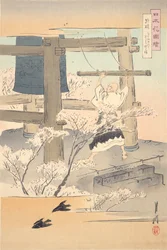 鐘を鳴らす僧侶：日本の花の絵