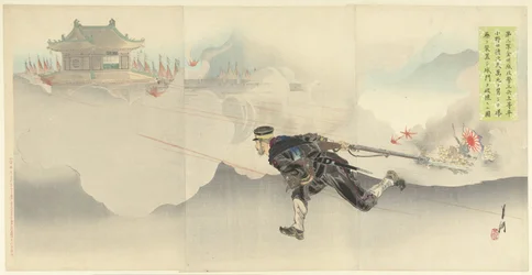 Onoguchi, de dood trotserend, om de poort van het vijandelijke fort op te blazen. Da nigun Kinshujo kogeki kohei jotohei sotsu Onoguchi Tokuji shi banshi o okashite bakuyaku o sochi shi jomon o hakai suru zu. (title on object)