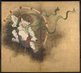 Le dieu de la tempete (雷神) 二曲屏風の左部分 - 尾形光琳 (1658-1716) 作、紙に水彩、インク、18 世紀初頭、日本美術、東洋神話 - 東京国立博物館、日本