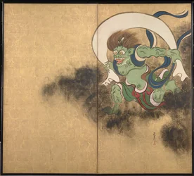 風神 2 パネル スクリーンの右部分 - 尾形光琳 (1658-1716) 作、紙に水彩、インク、18 世紀初頭、日本美術、東洋神話 - 東京国立博物館、日本