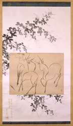 掛け軸に乗った3頭の鹿の予備画...、19世紀の絵画。