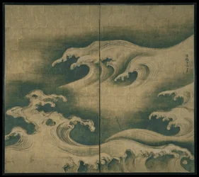 Rough Waves、2パネルのフォールディングスクリーン、c.1704-9（紙にインク、カラー、金箔）