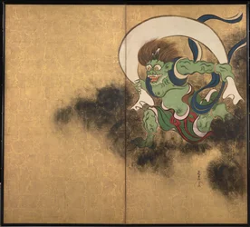 風神。 2つ折りのスクリーンの右側部分、18世紀初頭の「Wind God」と「Thunder God」。