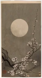 開花梅と月（カラー木版）