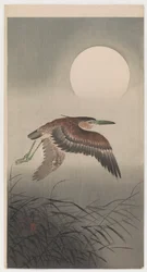 フライングヘロンと満月（カラー木版印刷）