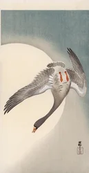 月の前で下から見たハクガン（カラー木版画