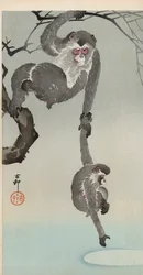 月の反射に手を伸ばすサルと赤ちゃん