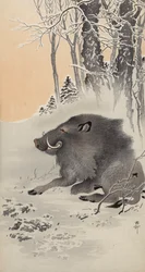 雪景色にたたずむイノシシ（カラー木版画