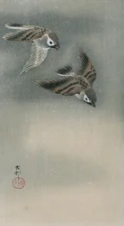 飛翔するスズメたち（カラー木版画