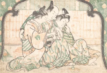 2 人の女性の間に座っている若い男性, ca. 1749年頃。 1749年。