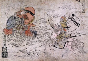 一の谷の戦いでの、敵対する2人の侍の戦い。奥村政信による紙本著色、1720年頃。