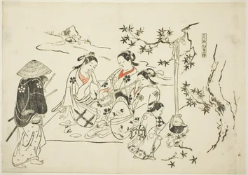 戯曲のパロディを描いた12枚の版画シリーズから、「燗酒紅葉狩」第9号。
