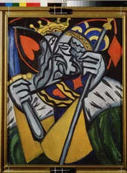 ハートのキングとダイヤのキングを同時に表現。 (キングオブハートとキングオブダイヤの同時表現)。 Olga Vladimirovna Rozanova (1886-1918) の絵画、キャンバスに油彩、1915 年頃。 ロシア美術、20 世紀、前衛