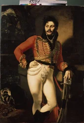 軽騎兵大佐ユーグラフ・ダヴィドフ (1775-1823) の肖像画。 （ハッサー大佐E.ダヴィドフの肖像）。 オレステ・アダモビッチ・キプレンスキー（キプレンスキー）（1782-1836）による絵画、キャンバスに油彩