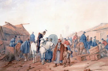 バラクラヴァ(Balaklava)港におけるイギリス軍の補給基地 - Norie, Orlando (1832-1901) - 1854 - 紙に水彩画 - 36,3x52,6 - 個人蔵