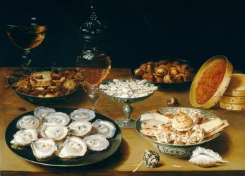 牡蠣、果物、ワインを使った料理、c.1620-25（パネルに油彩）