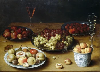 果物とグラスのある静物、Osias Beert（1580-1624）作、木に油彩
