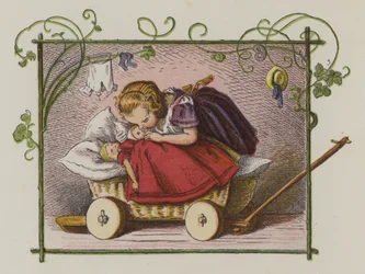 人形におやすみのキスをする少女（カラーリトグラフ