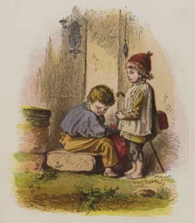 家の戸口に立つ2人の少年（カラーリトグラフ