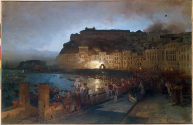 ナポリの花火 (イタリア) - Oswald Achenbach (1827-1905) の絵画、キャンバスに油彩